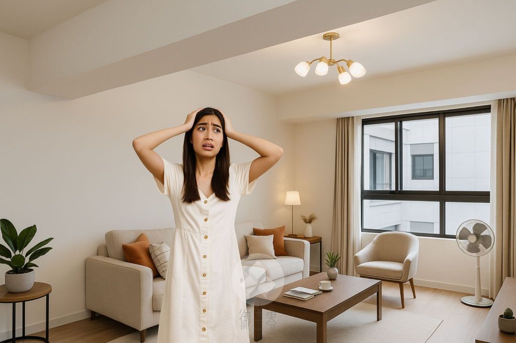 一位女性在明亮的客廳裡看起來非常困惑和焦慮，雙手抱著頭，周圍有沙發、窗戶和植物，反映出空間中天花板過低。