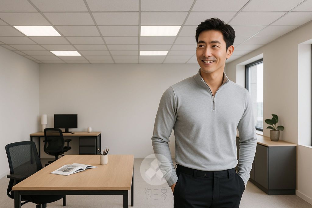 一位男性在現代辦公室內微笑，背景有一個簡約風格的桌子和一些室內植物，天花板採用輕鋼架天花板設計。