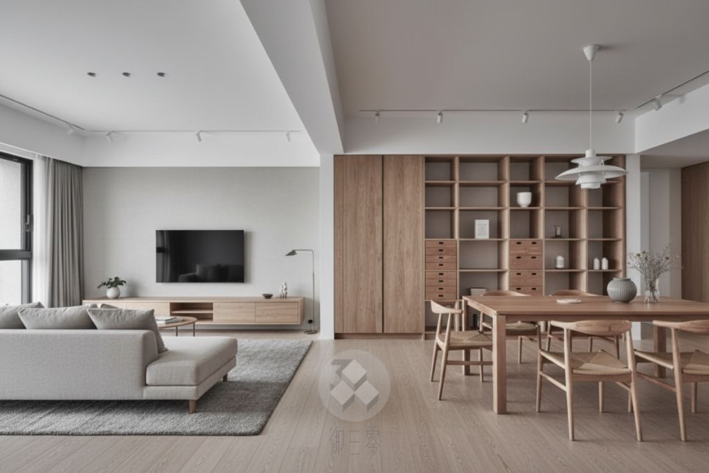 無印風客廳開放式收納設計，淺木色搭配白色櫃體