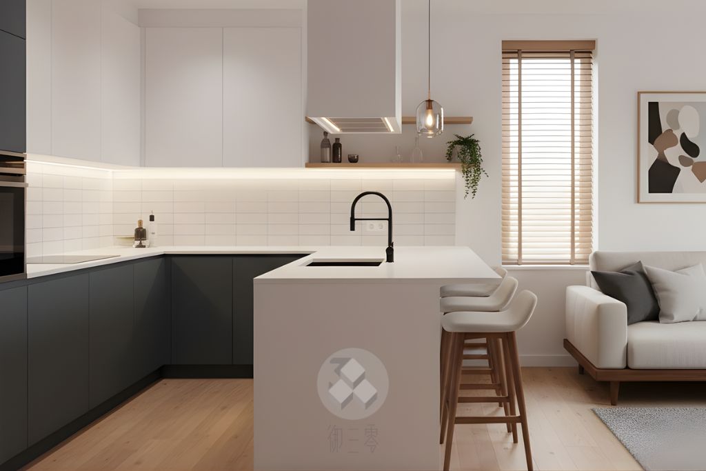 現代簡約風客餐廳開放式設計，以中島吧台區隔